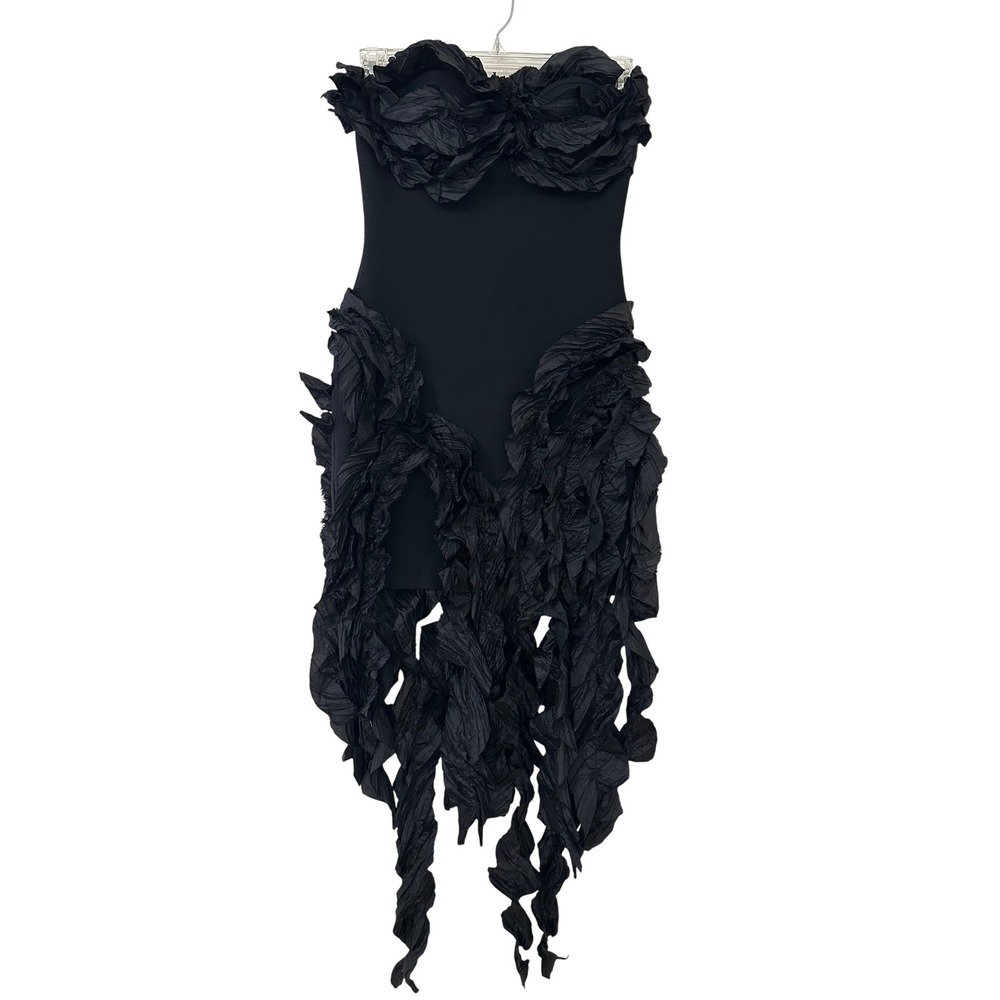 Nova Luxe Black Strapless Ruffle Avant Garde Bodycon Dress L Glam Edgy Witchy